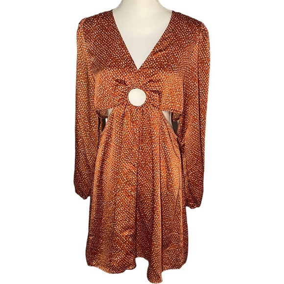 Mittoshop Womens‎ Size M Satin Cut-Out Dot Printed Mini Dress Ring Long Sleeve - Picture 4 of 13